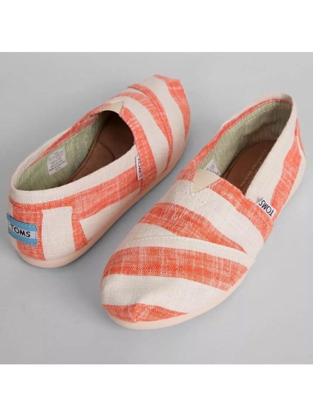TOMS 11 Coral White Stripe Canvas Slip On Flats